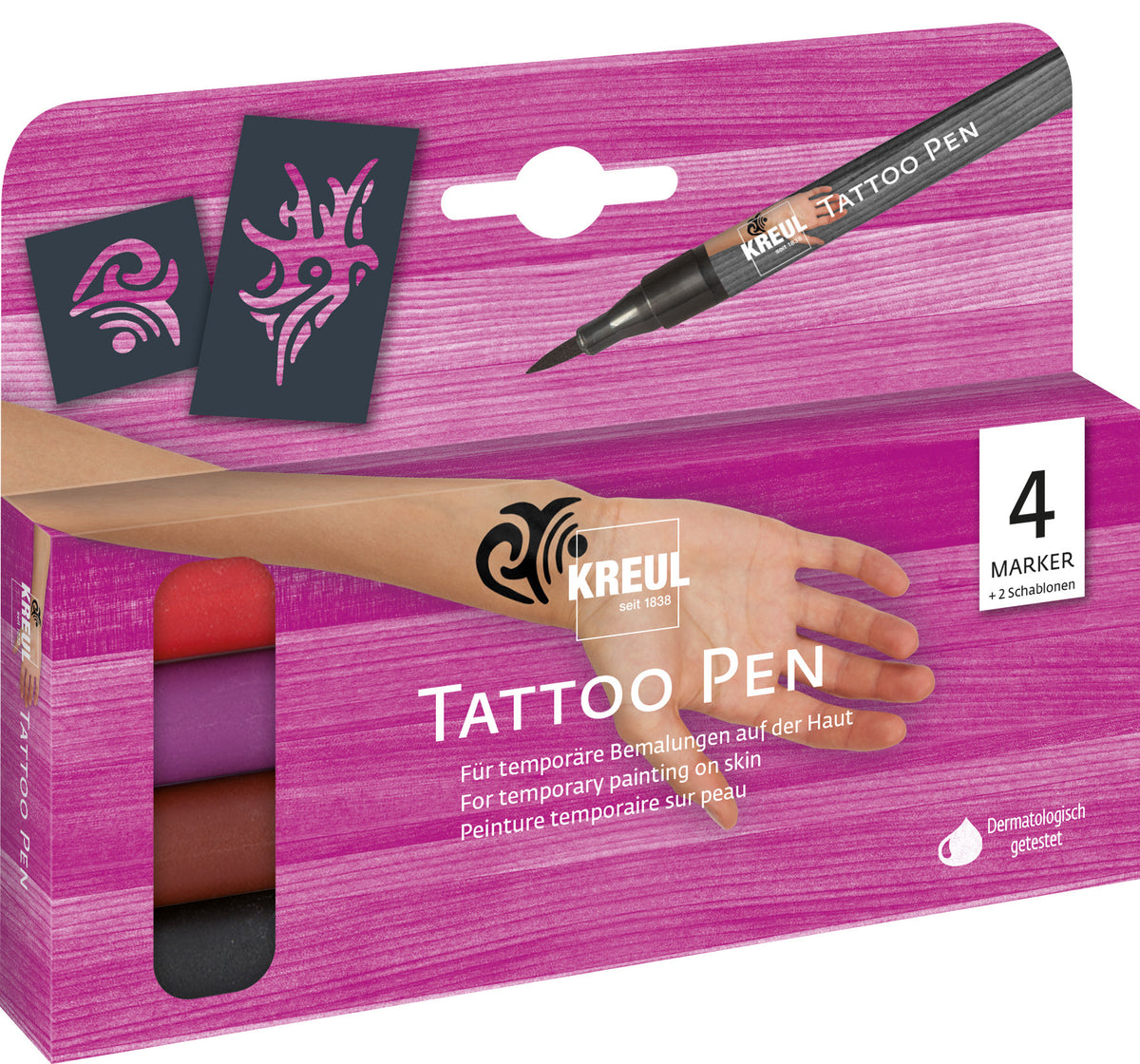 Маркери за временни татуировки KREUL Tattoo Pen Tribals - 4 цвята и 2 шаблона в опаковка