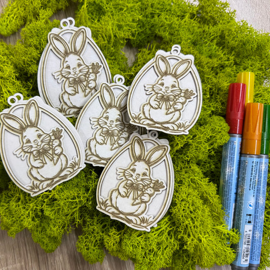Великденско яйце за декорация с гравирано зайче от бирен картон, 5броя в опаковка + маркери