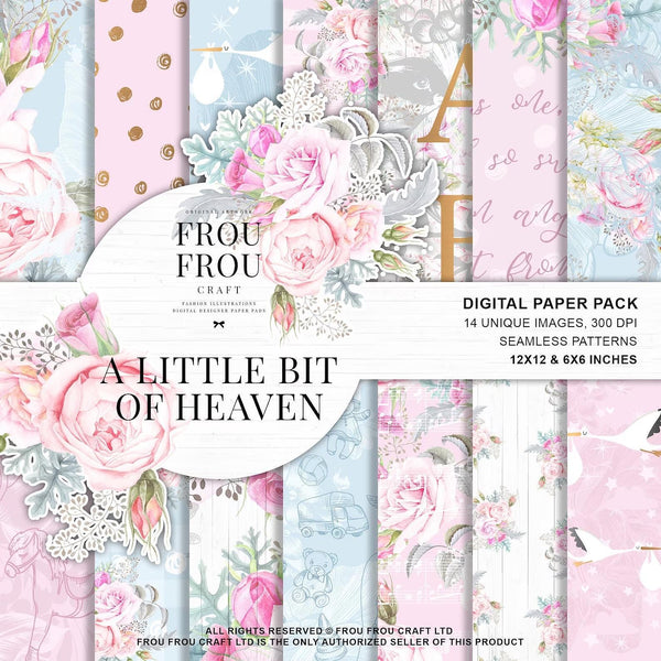 Дизайнерска хартия A little bit of heaven от Frou Frou - щъркели с бебе и розови рози