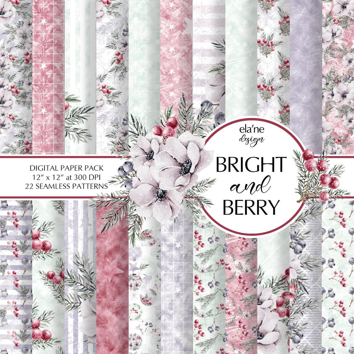 Дизайнерска хартия BRIGHT and BERRY от Ela'ne Design - анемонии, зимни плодчета и бор