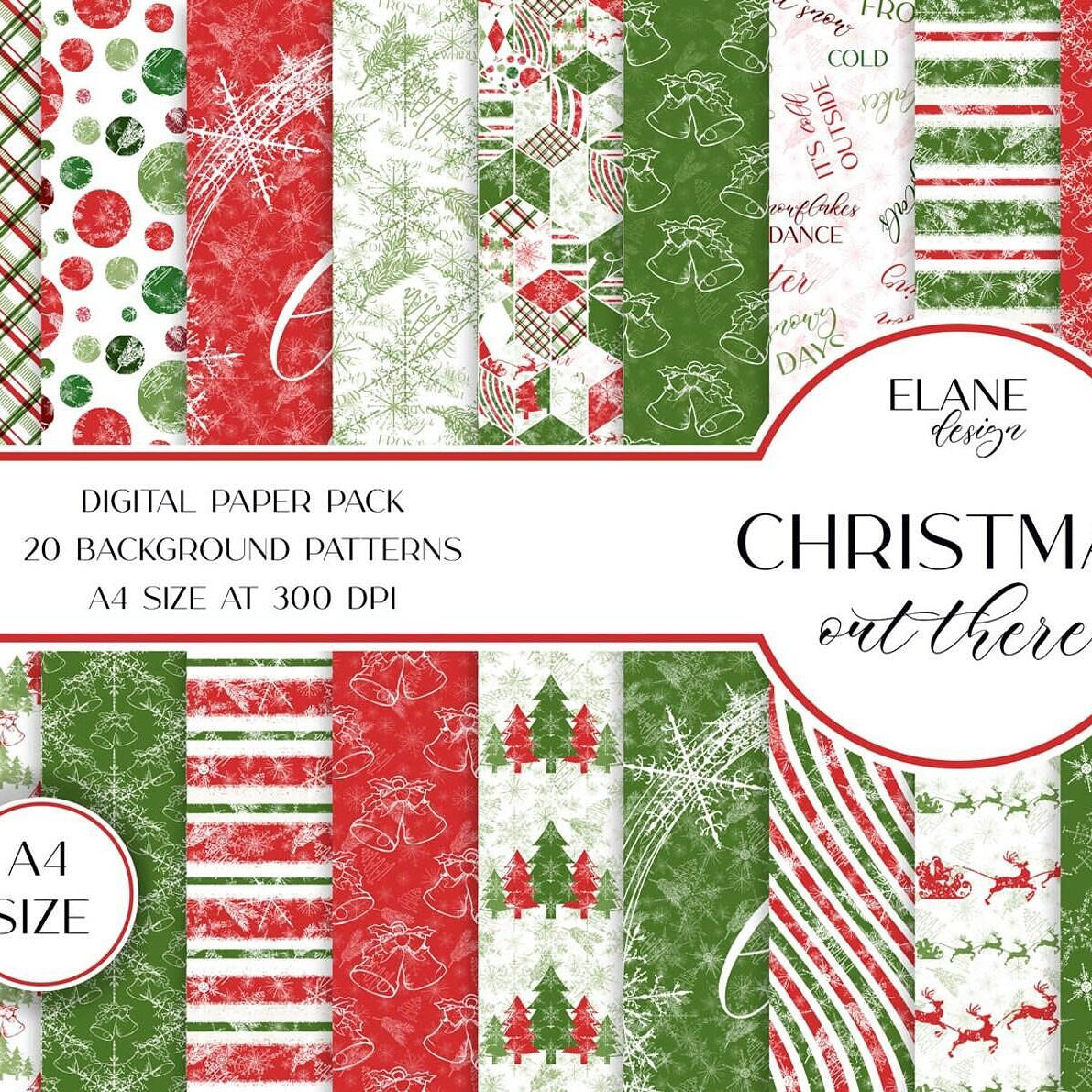 Коледна дизайнерска хартия Christmas out there A4 от Ela'ne Design - звънчета, елхи и шейна