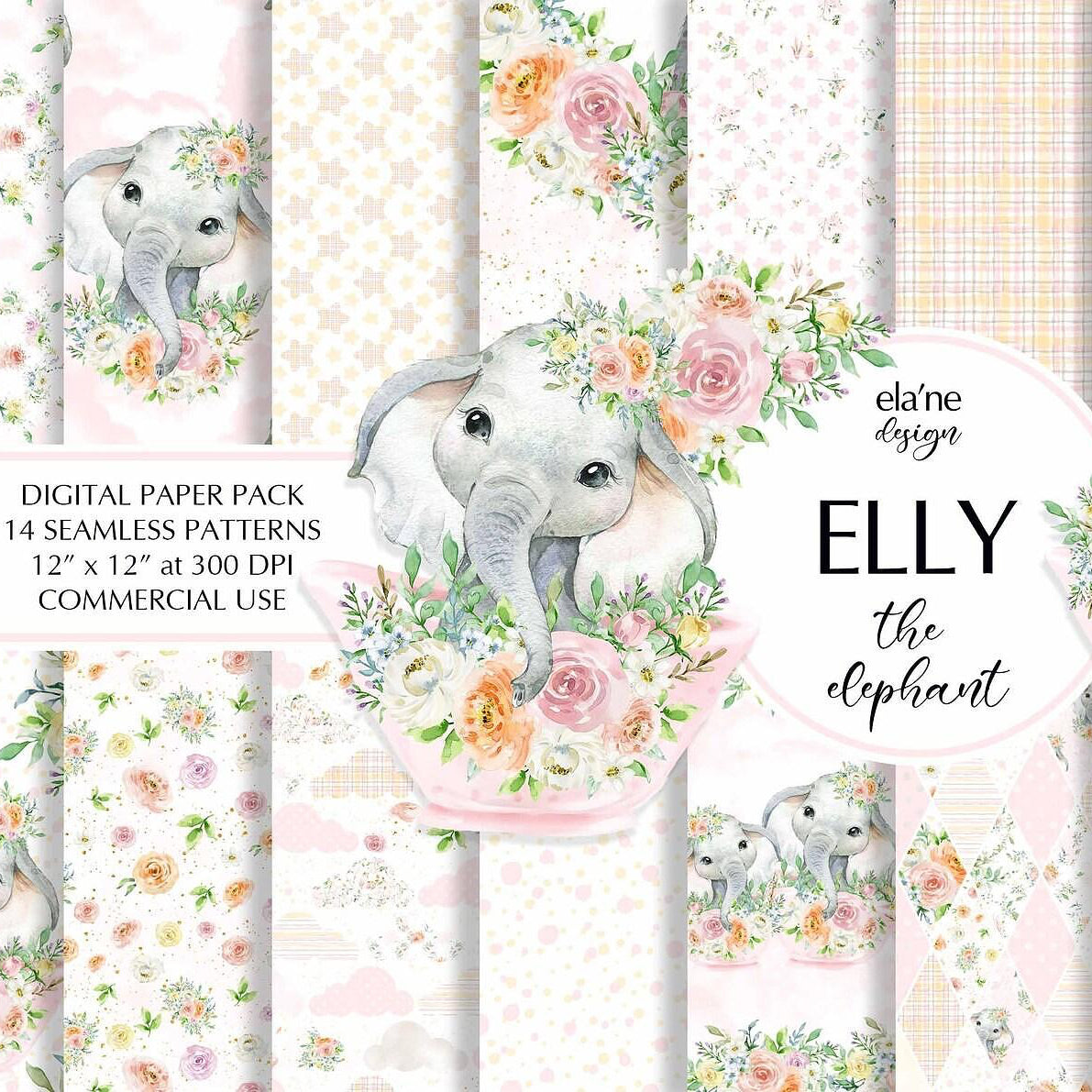 Дизайнерска хартия Elly The Elephant от Ela'ne Design - слонче в розова купа с рози