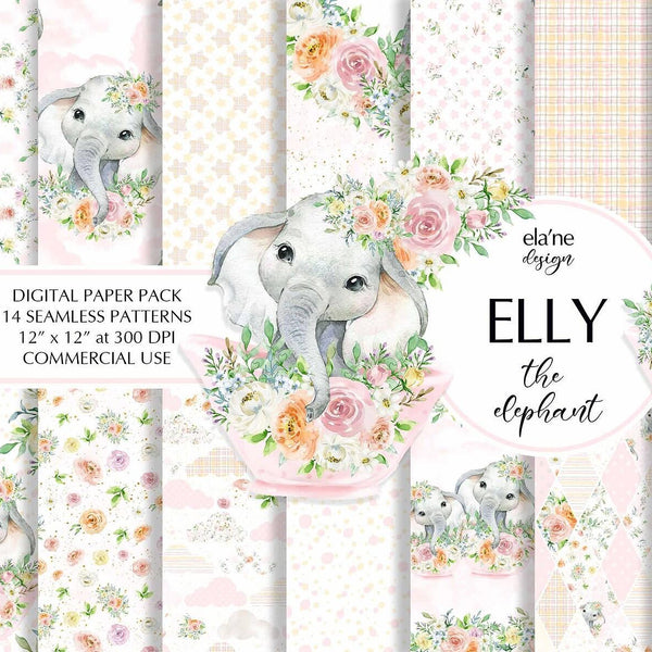 Дизайнерска хартия Elly The Elephant от Ela'ne Design - слонче в розова купа с рози