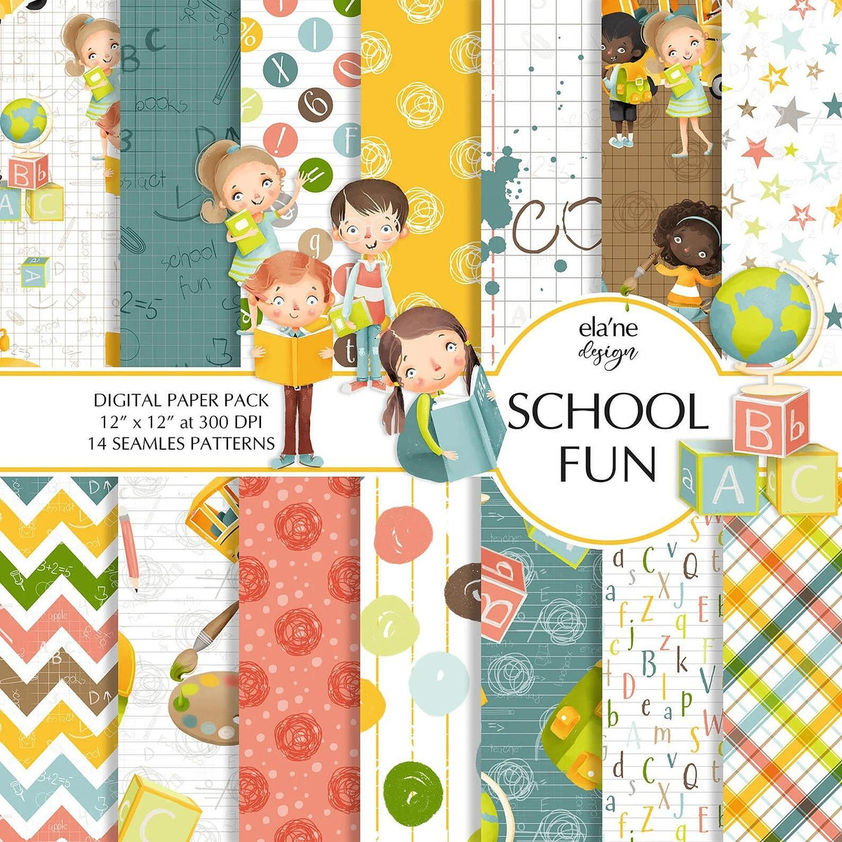 Дизайнерска хартия School Fun от Ela'ne Design - деца с книги, глобус и кубчета ABC