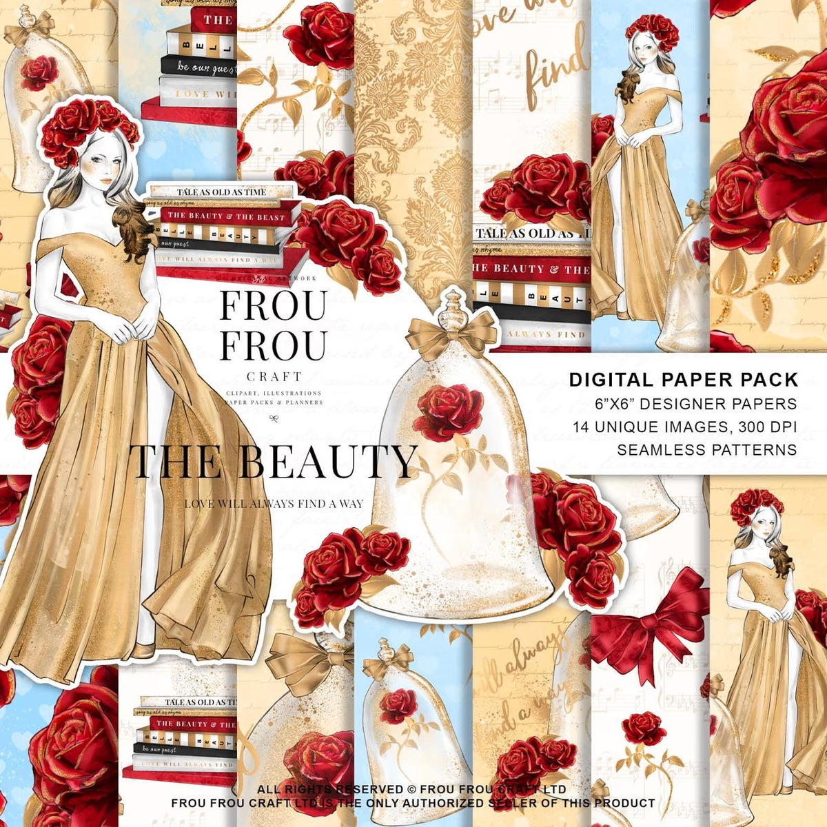 Дизайнерска хартия The beauty от Frou Frou - роза под стъклен похлупак и девойка в златна рокля