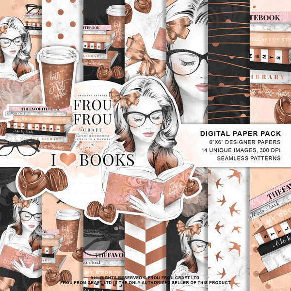 Дизайнерска хартия I love books от Frou Frou - момиче с очила чете книга