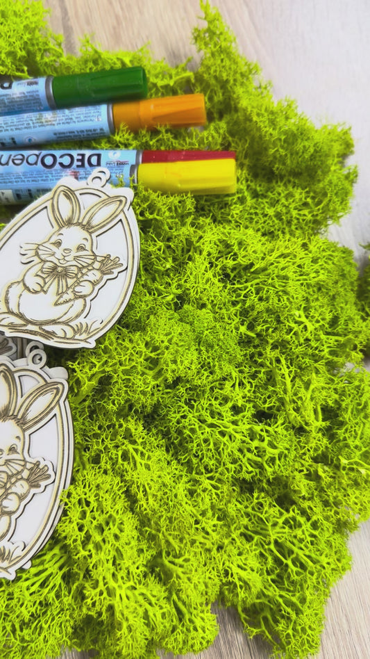 Великденско яйце за декорация с гравирано зайче от бирен картон, 5броя в опаковка + маркери