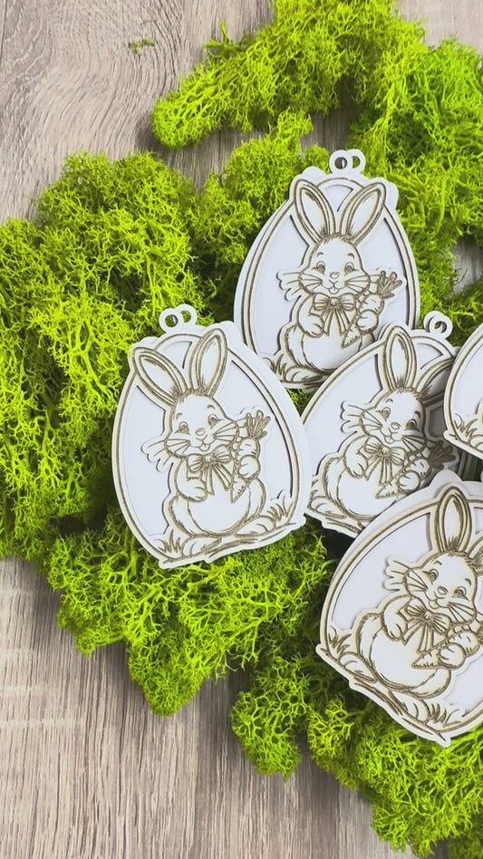 Великденско яйце за декорация с гравирано зайче от бирен картон, 5броя в опаковка