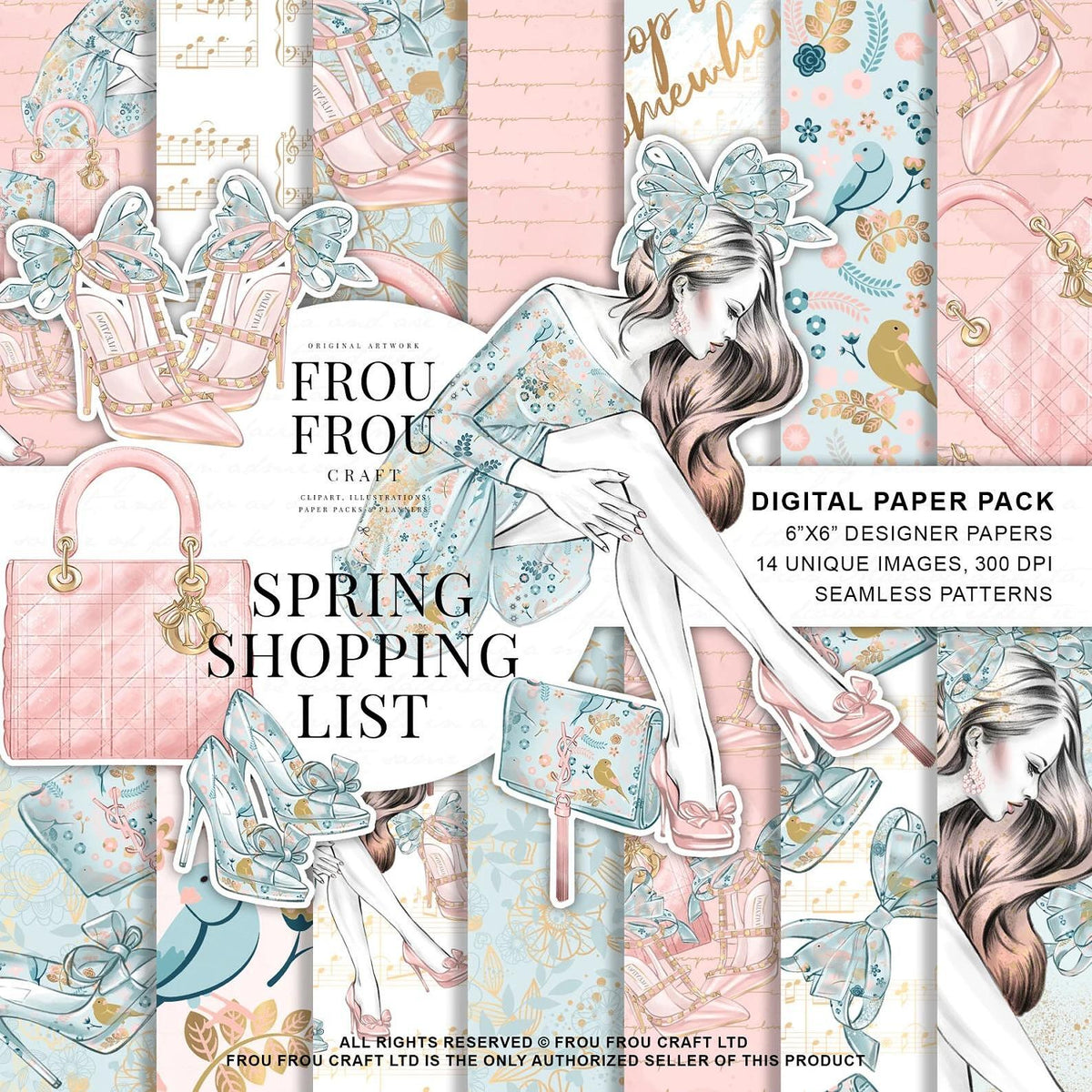 Дизайнерска хартия Spring shopping list от Frou Frou - момиче в рокля на цветя, обувки и чанти